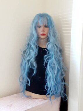 Light blue lace front wig with bangs long.